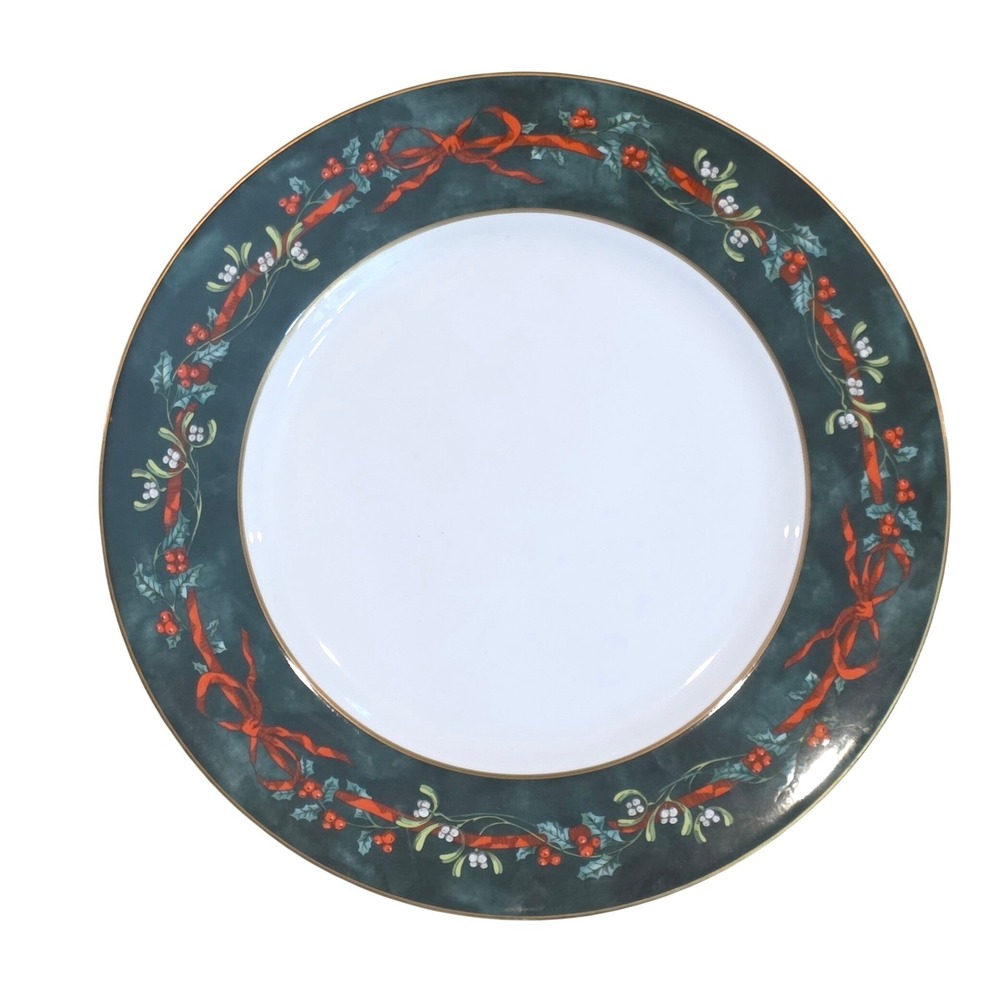 Royal Worcester Holly Ribbons Green Dinner Plate Fine Bone China England 10.75"